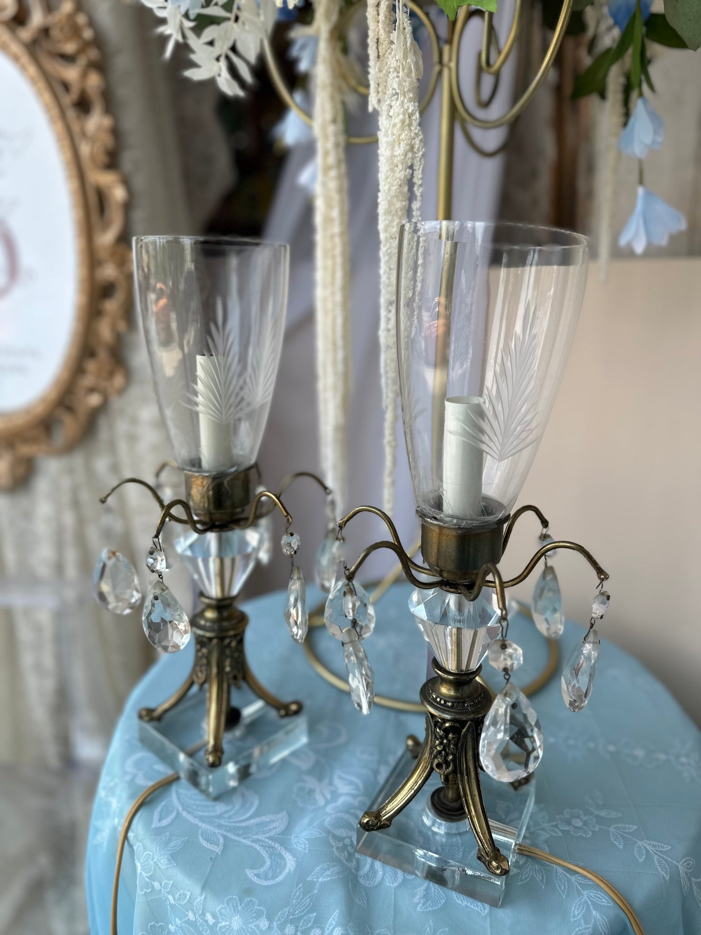 Brass & crystal lamps with glass shade