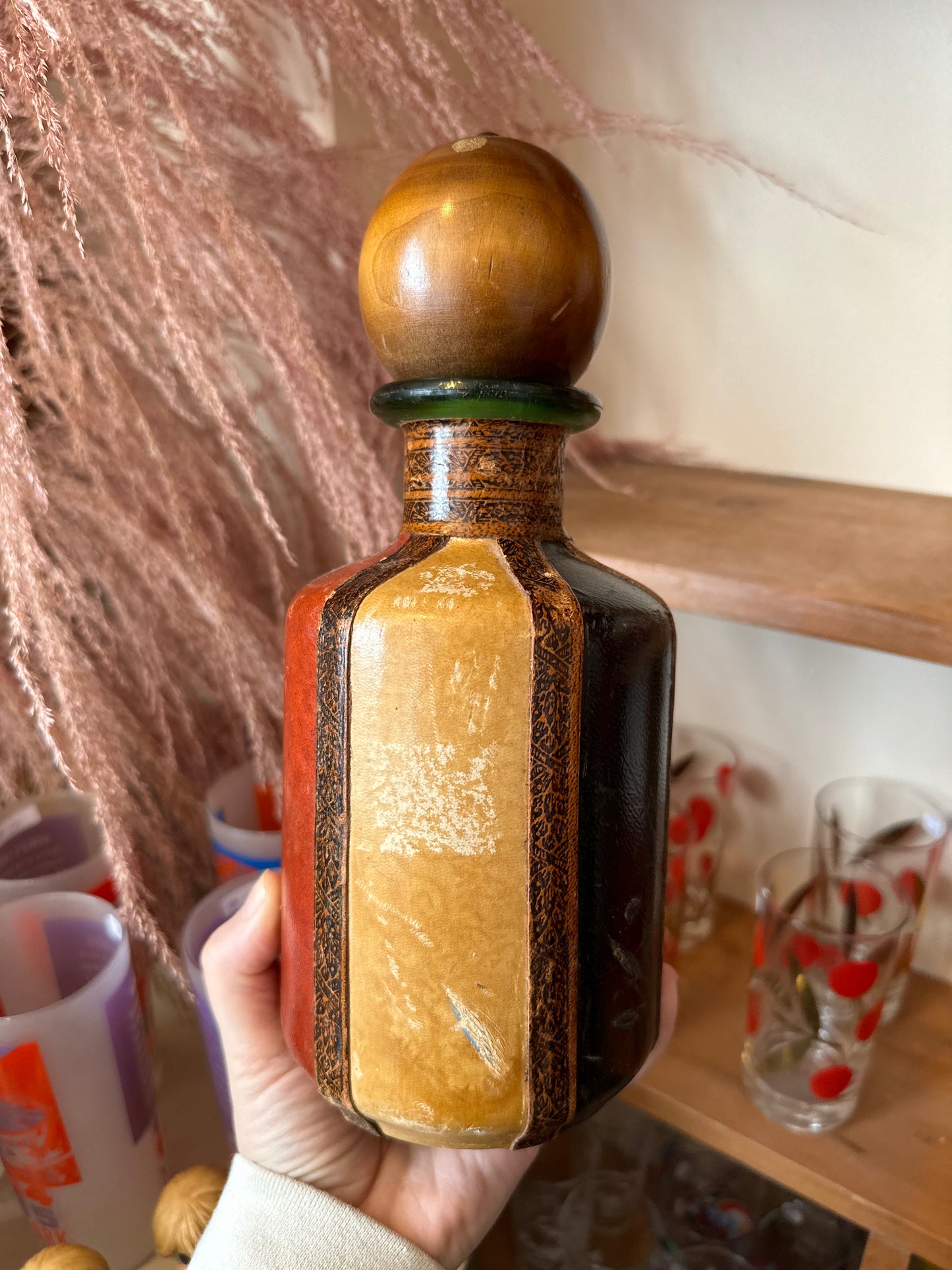 Leather covered glass decanter - made in Italy