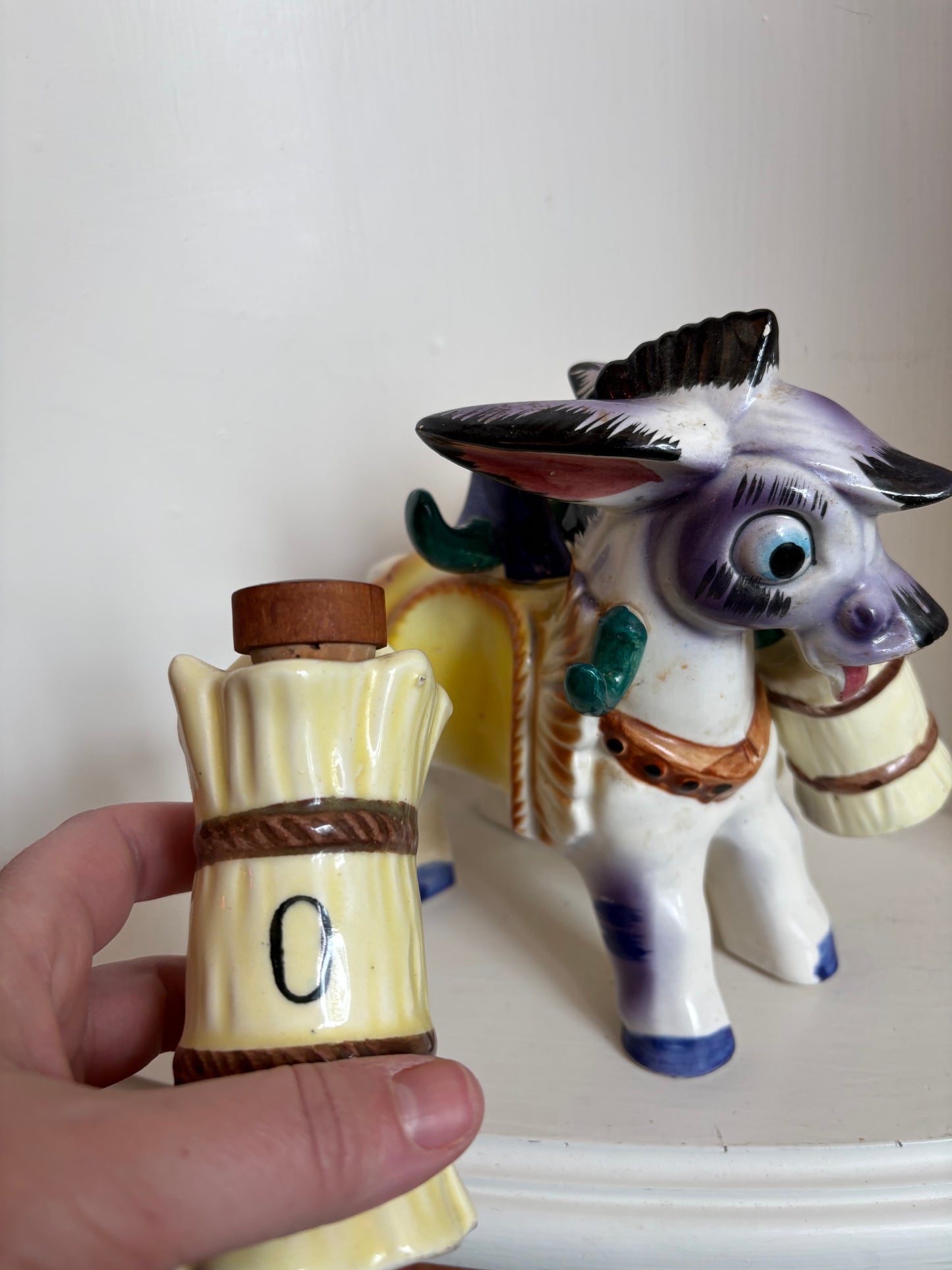 Vintage Japan Ceramic Burro Donkey Salt Pepper Oil & Vinegar Holder