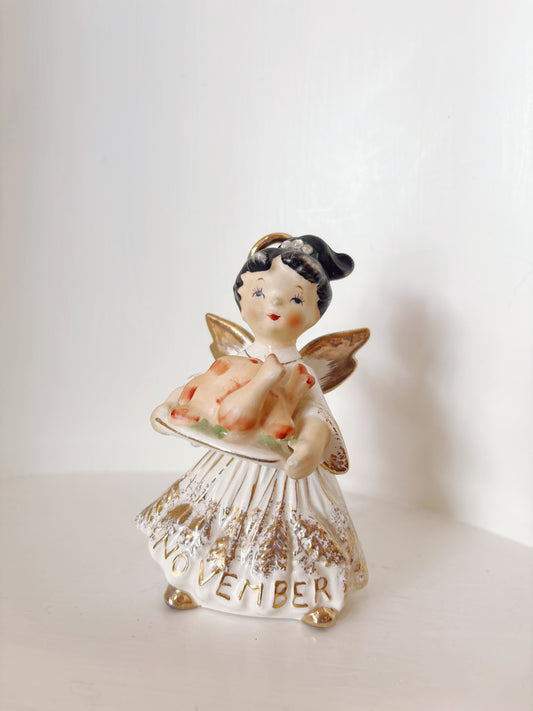 Lefton November Birthday Girl Angel with turkey  - made in Japan