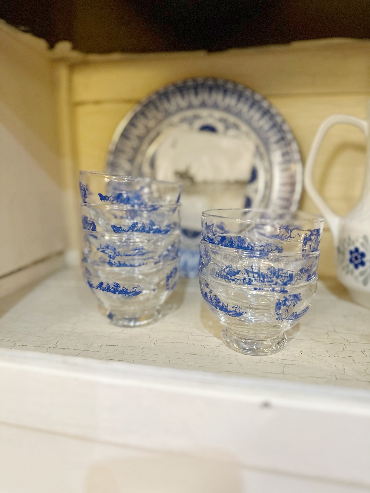 Set of 7 Vintage Dominion Glass Dessert Bowls with Blue Pattern