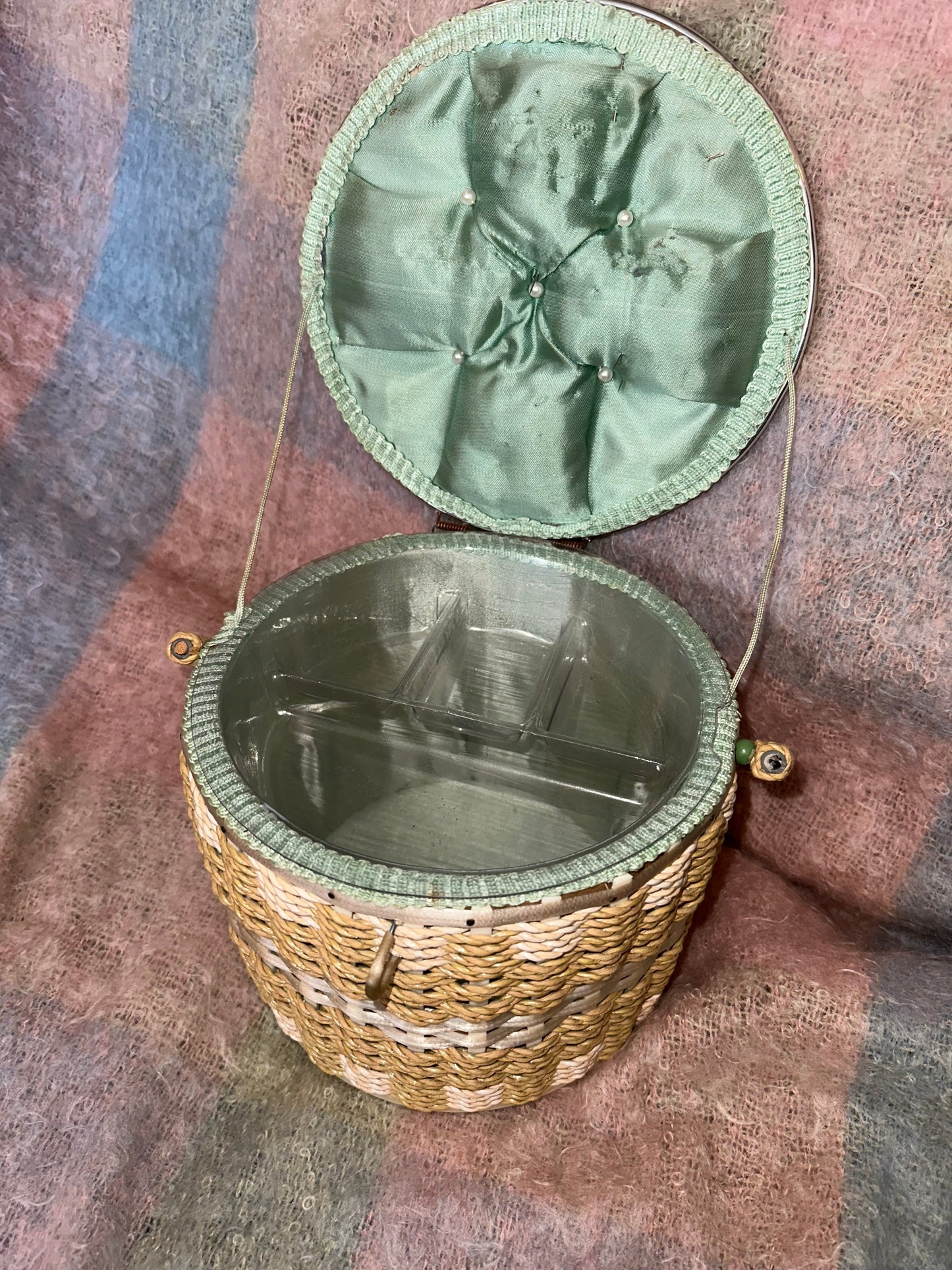 Round sewing basket with floral fabric detail