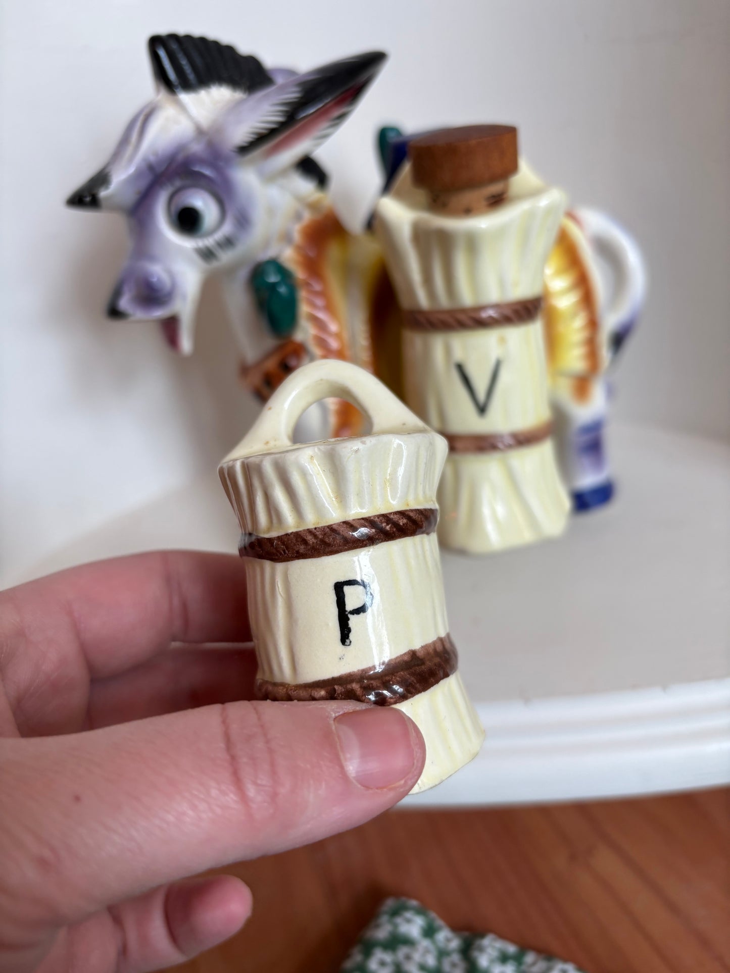 Vintage Japan Ceramic Burro Donkey Salt Pepper Oil & Vinegar Holder