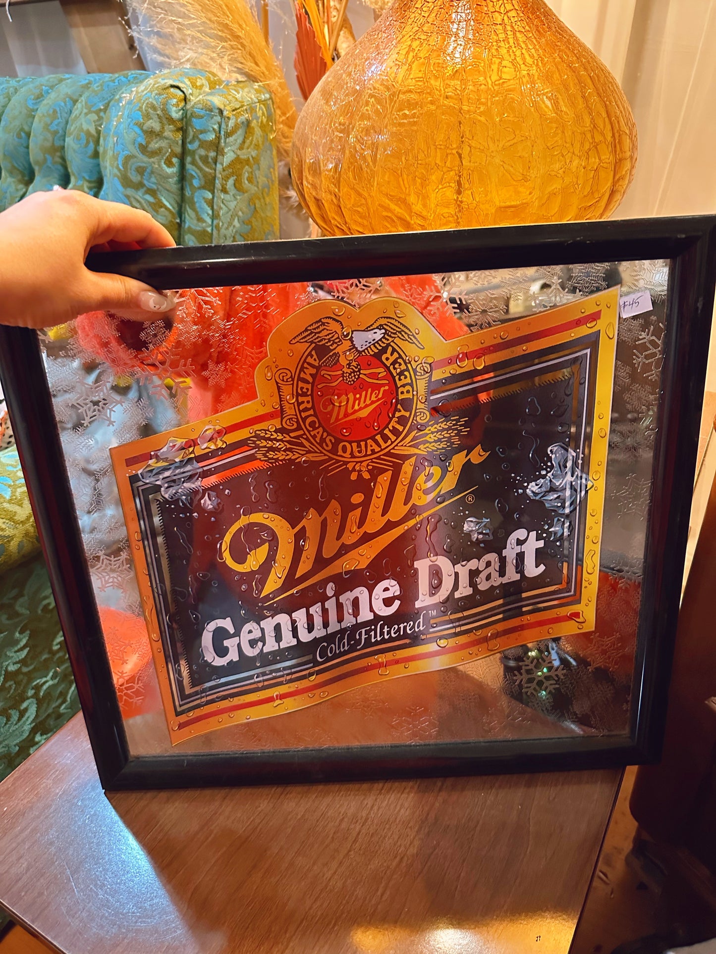 Miller Genuine Draft bar mirror with snowflakes in glass