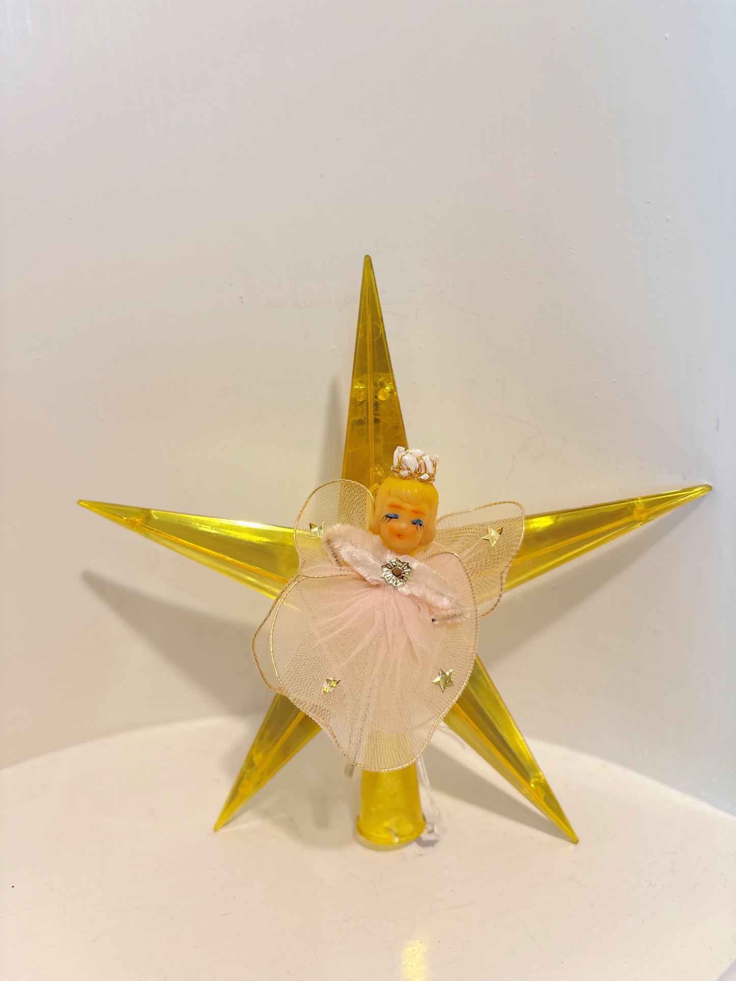 Gold Plastic Star Tree Topper with netting, pipe cleaner angel