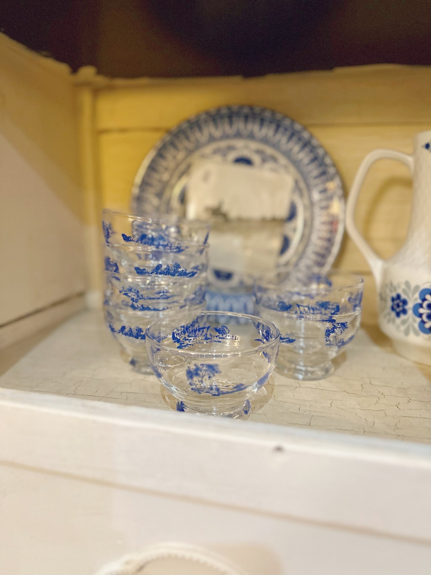 Set of 7 Vintage Dominion Glass Dessert Bowls with Blue Pattern