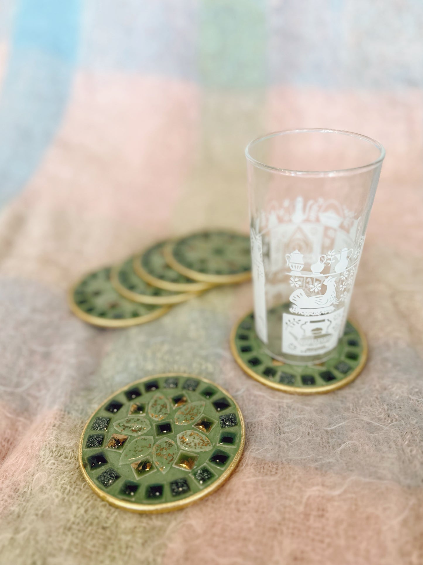 Set of 6 green & gold tile coasters