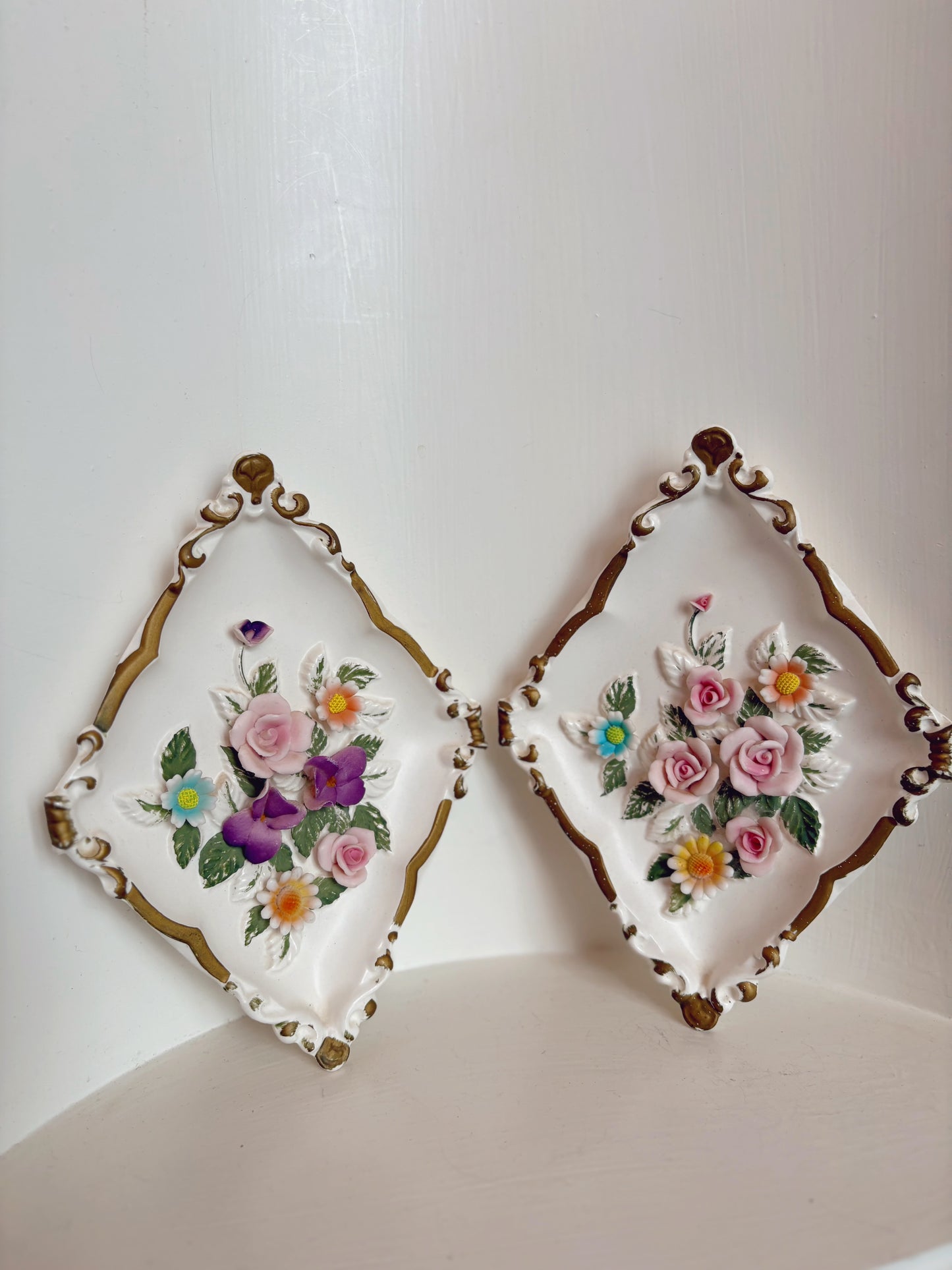 Hand Painted Ceramic 3D Floral Wall Plaques - made in Japan