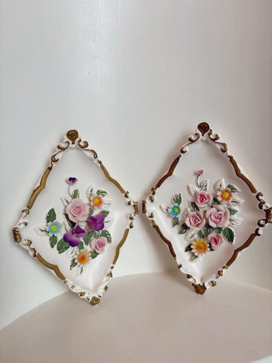 Hand Painted Ceramic 3D Floral Wall Plaques - made in Japan