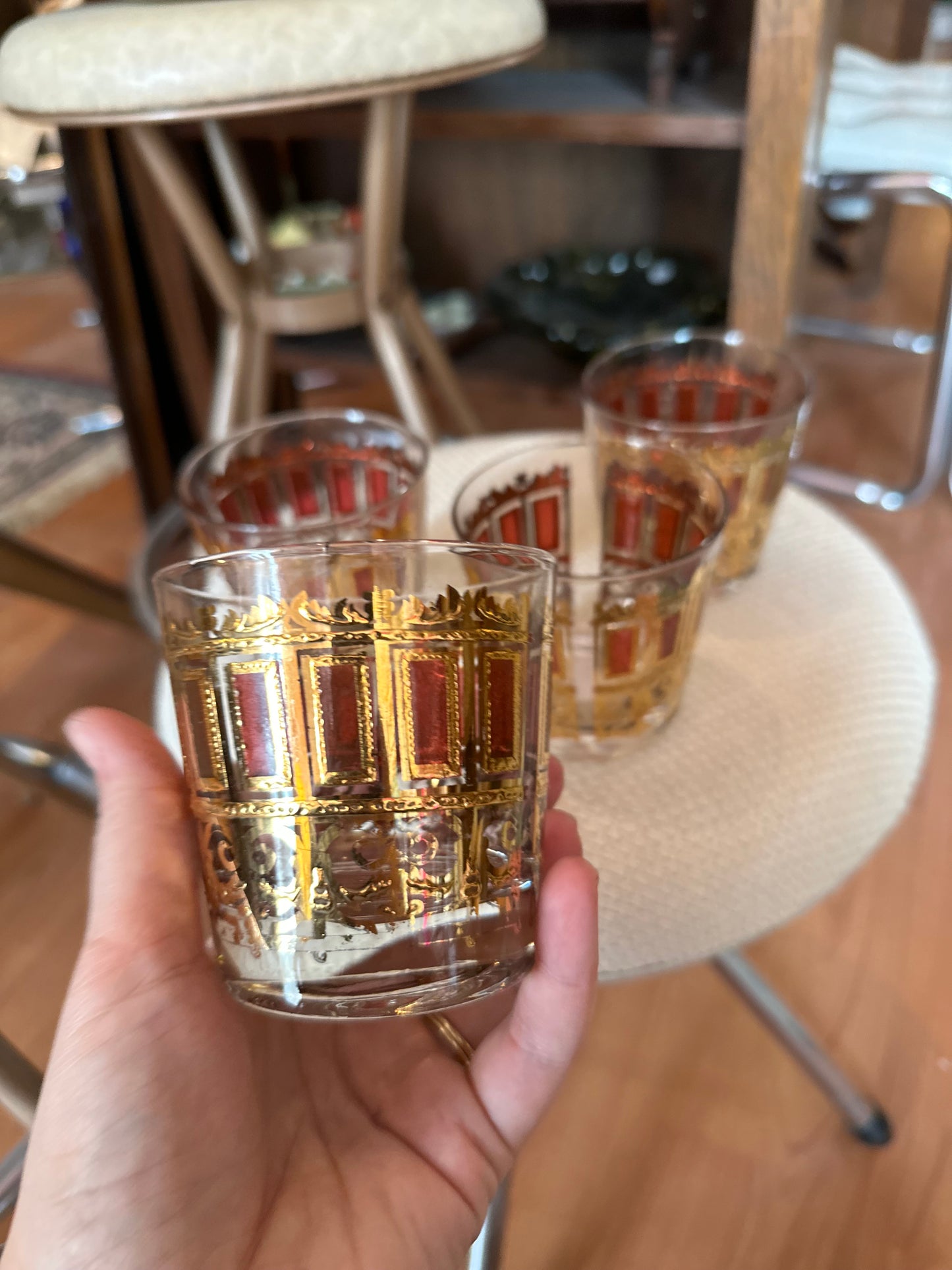 Set of 4 Libbey Mid Century Gold filigree barware