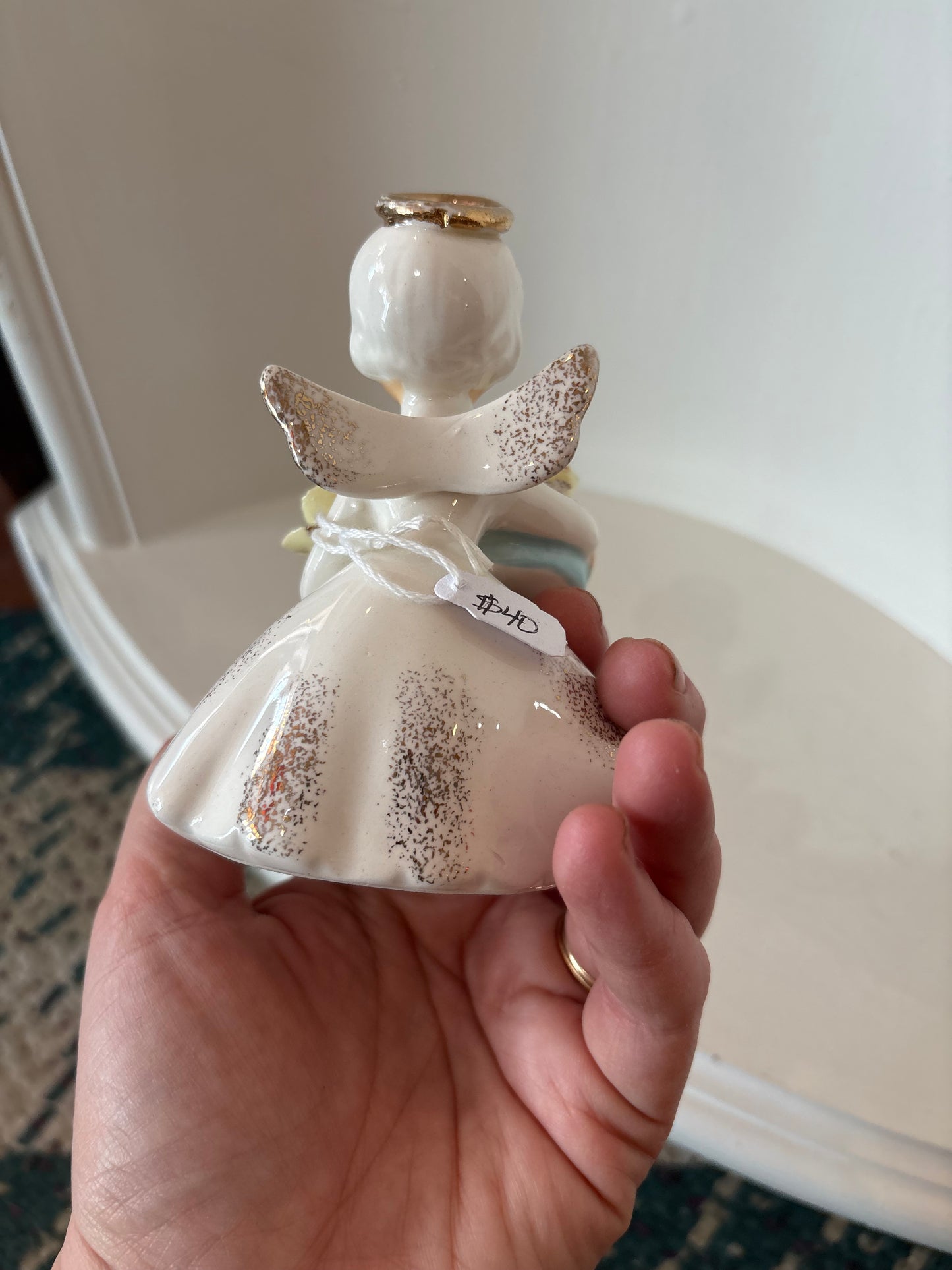 Vintage Lefton March Birthday Girl Angel Daffodil Aquamarine Spaghetti Figurine