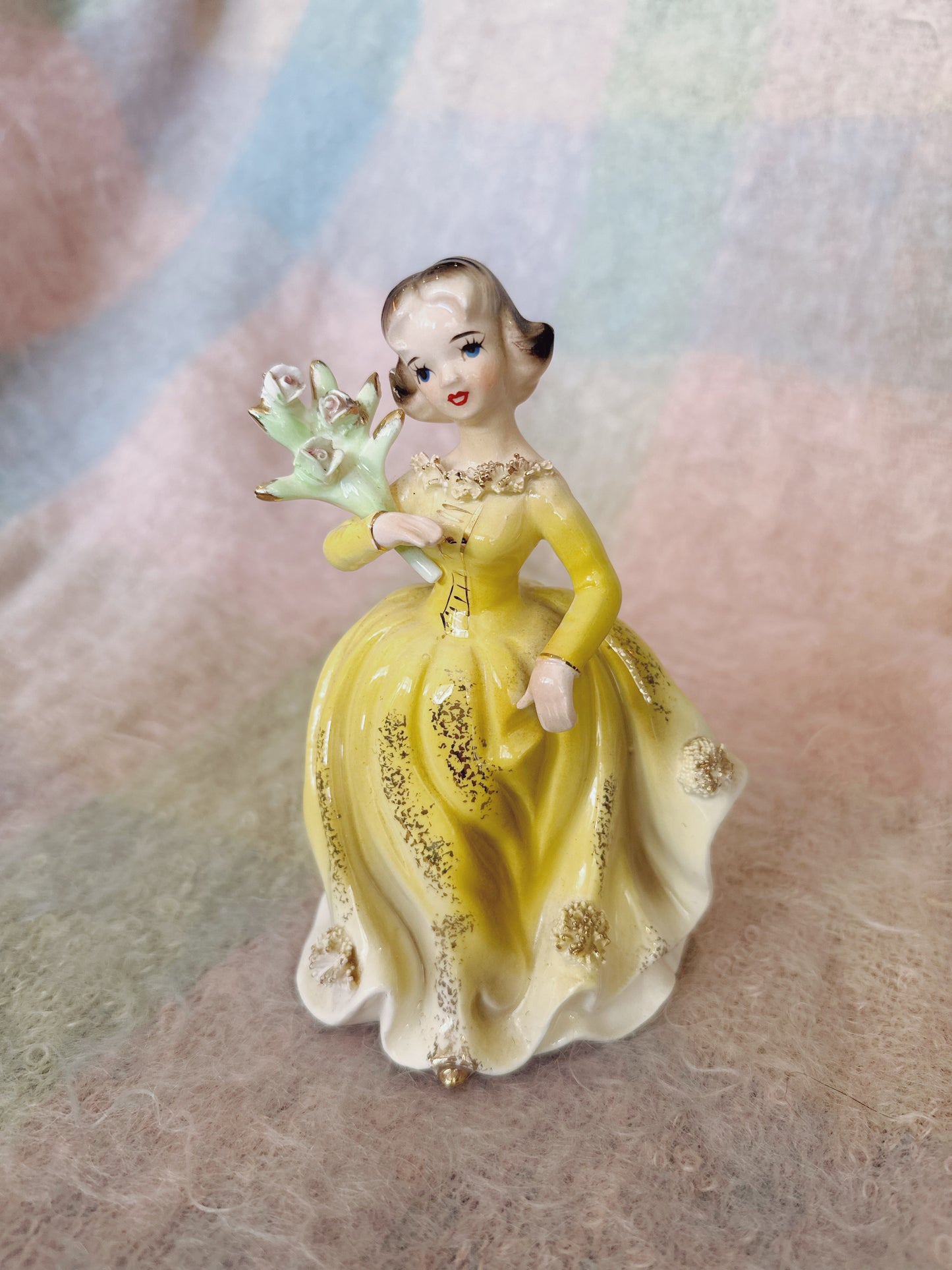 Made in Japan figurine - yellow dress girl with bouquet