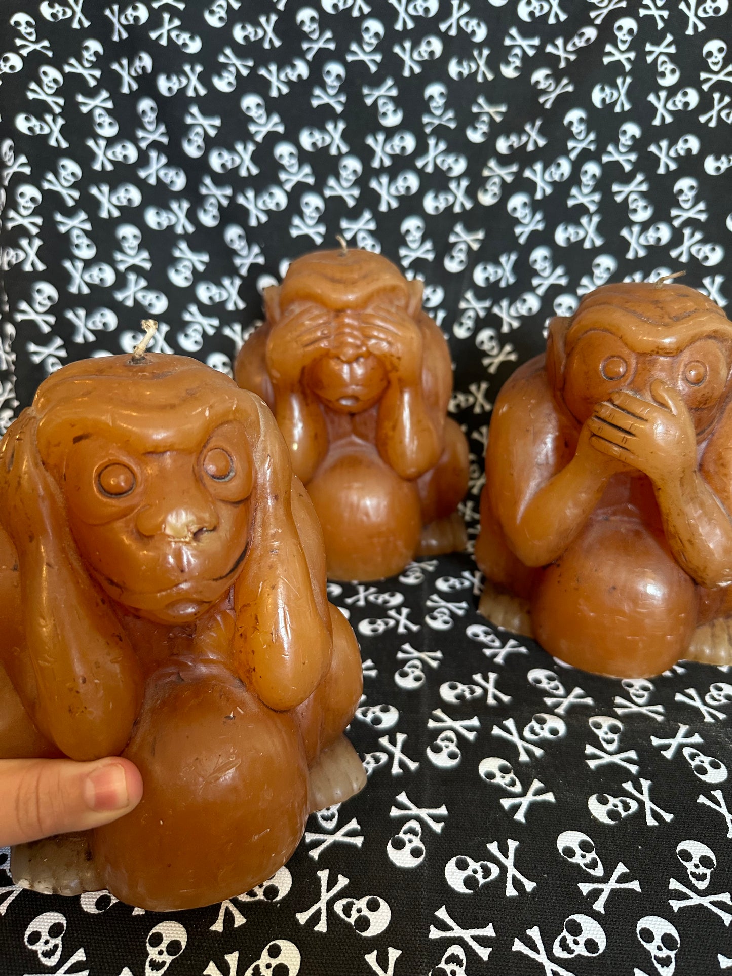 Large see no evil, hear no evil, speak no evil candle set. 7 inches tall