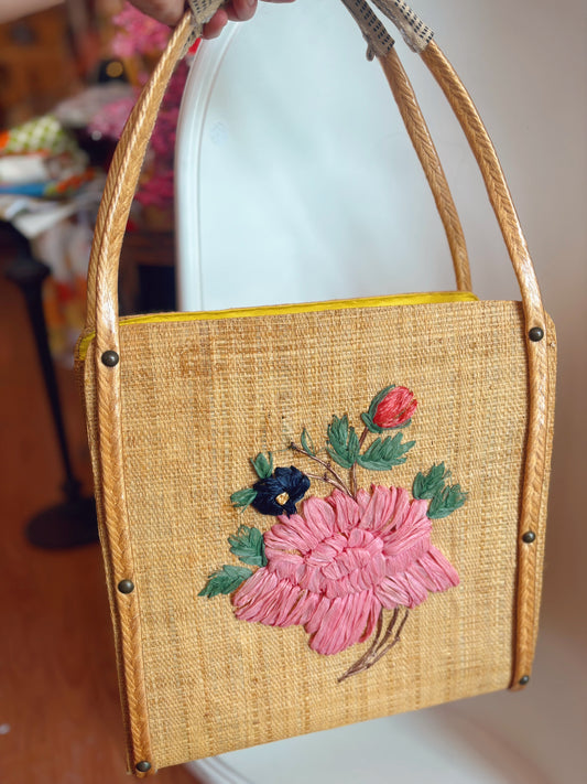 Vintage Rattan purse with floral details