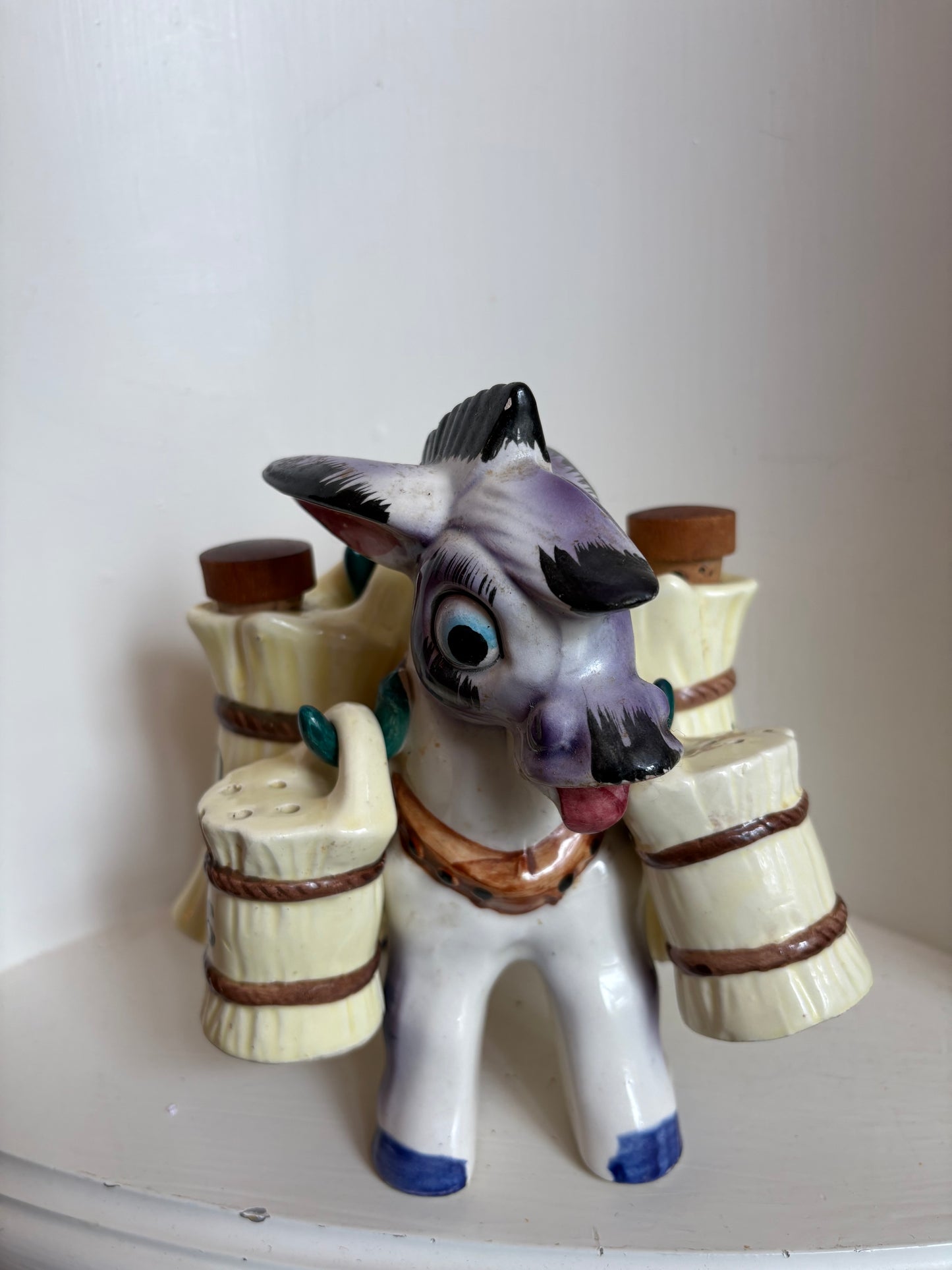 Vintage Japan Ceramic Burro Donkey Salt Pepper Oil & Vinegar Holder