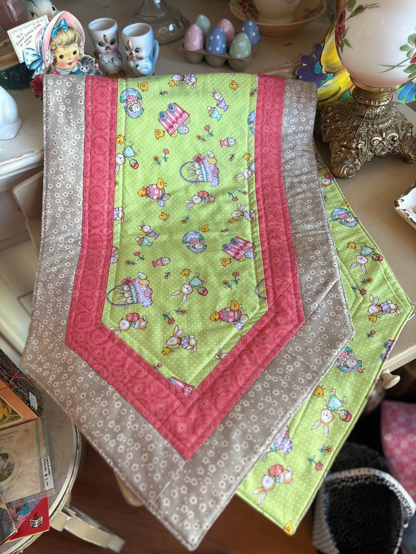 Green & Pink Double Sided Easter Black Runner - Handmade by Nana
