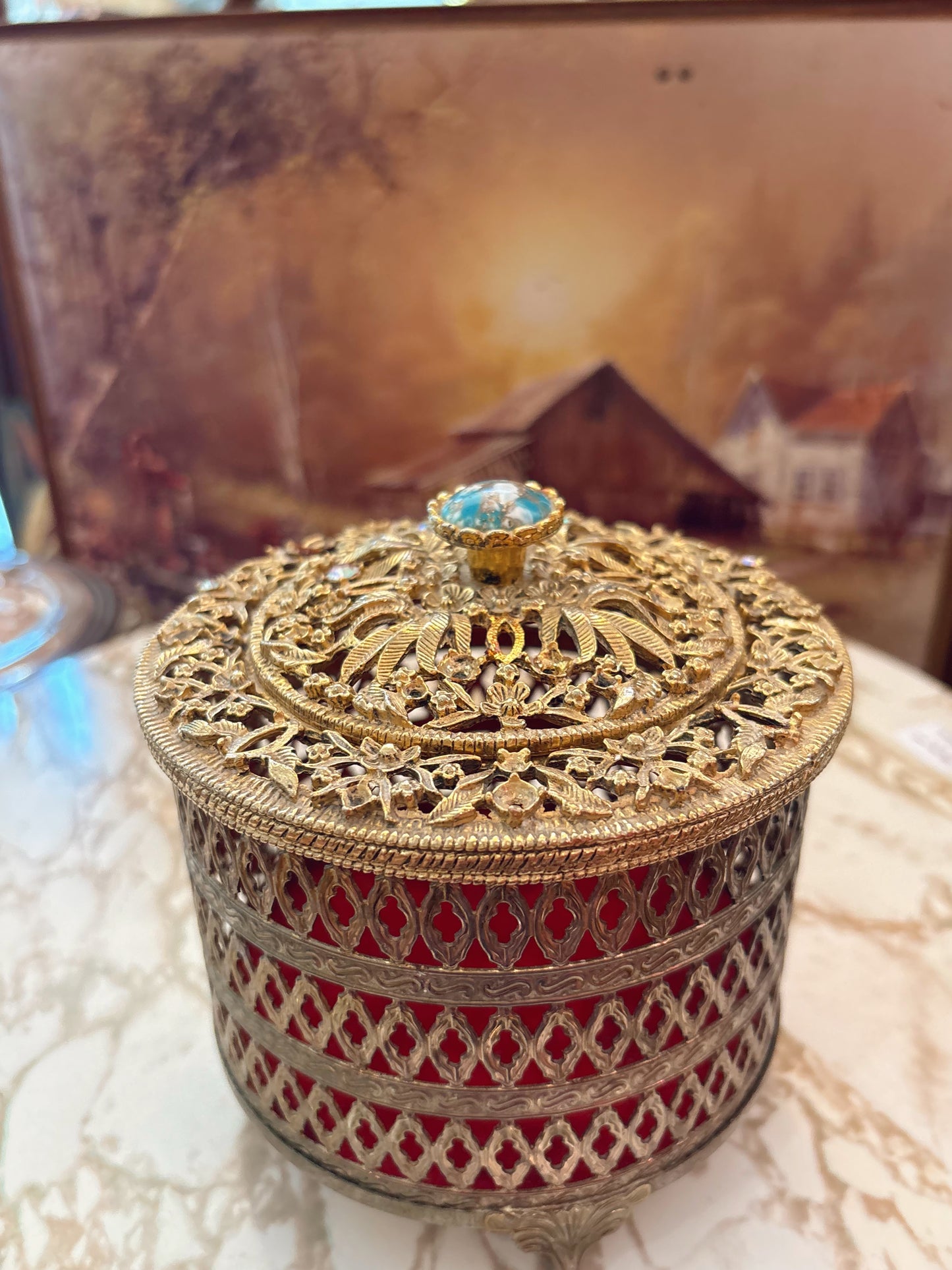 Hollywood Regency large Round trinket dish - missing some gems