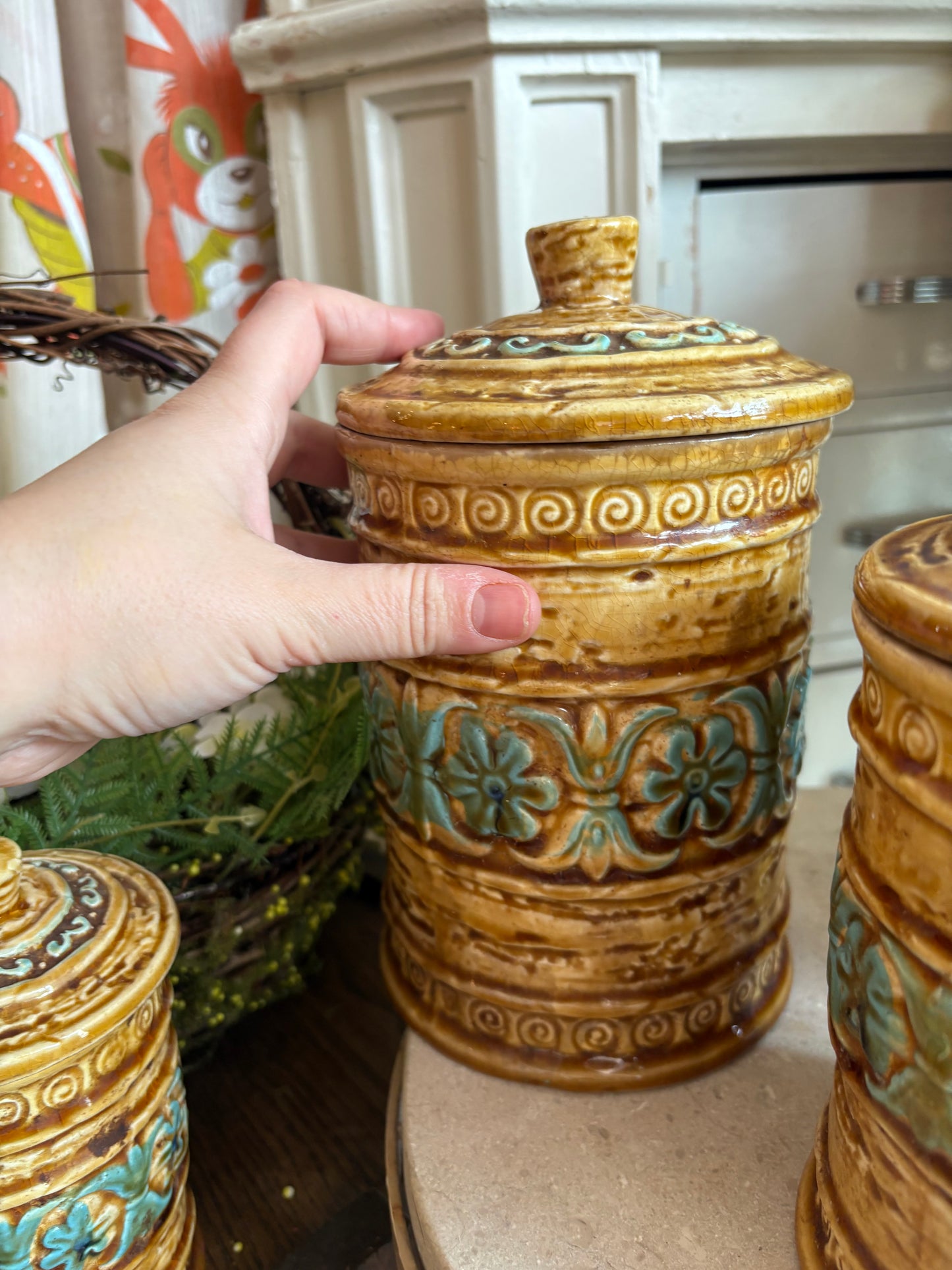 Tiki Style Ceramic Kitchen Canister Set - marked Japan