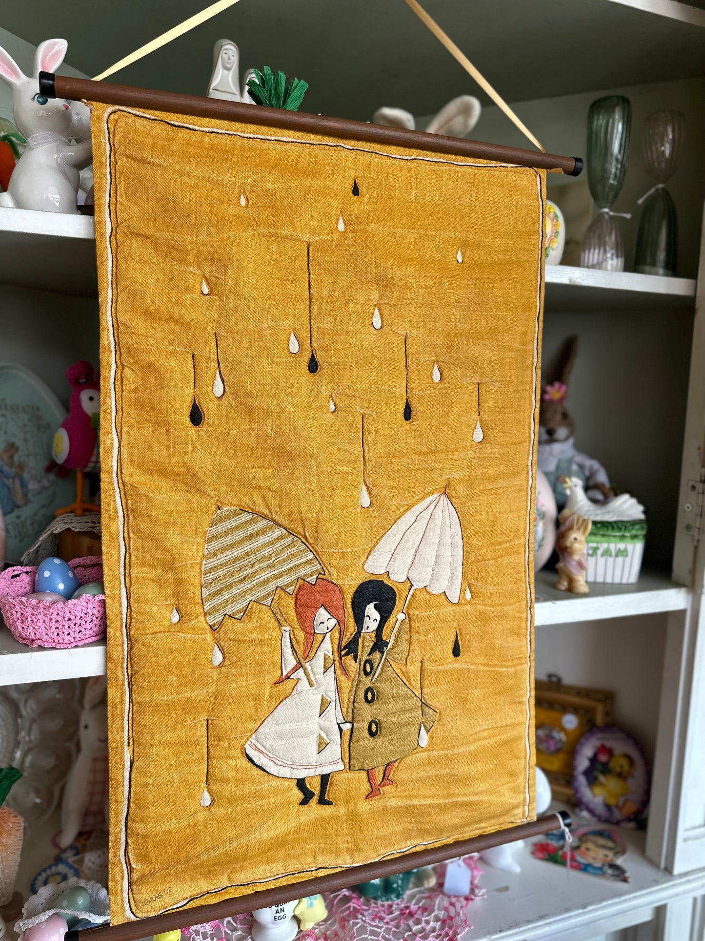 1969 Fabric Wall Hanging Art - girls in the rain