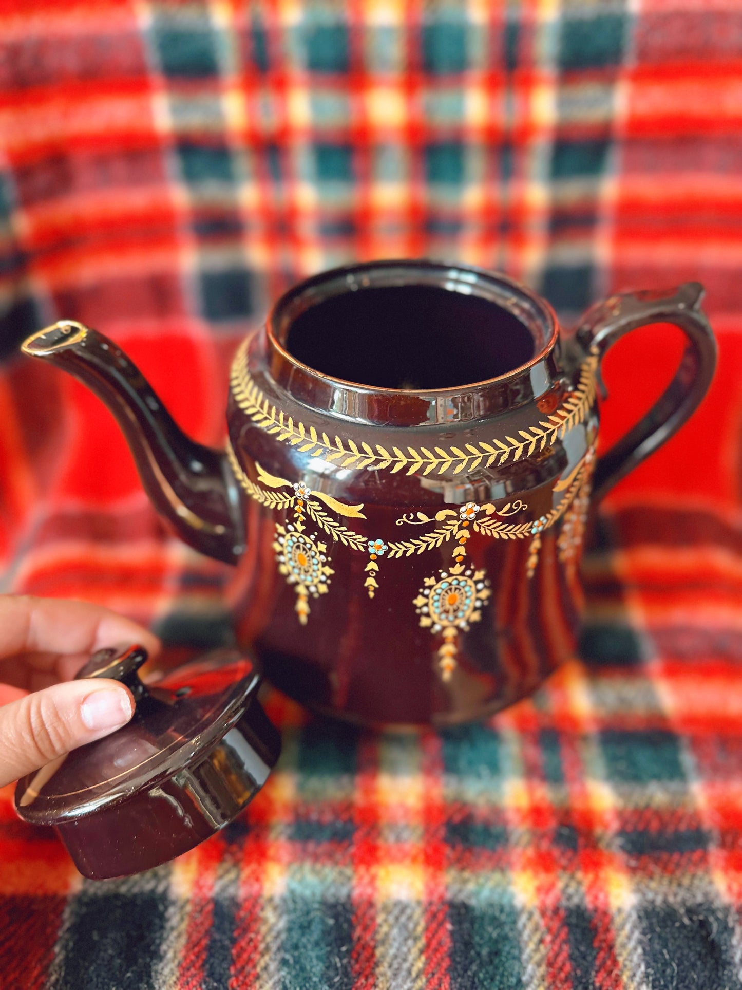 Dark Brown Teapot with painted details - made in England