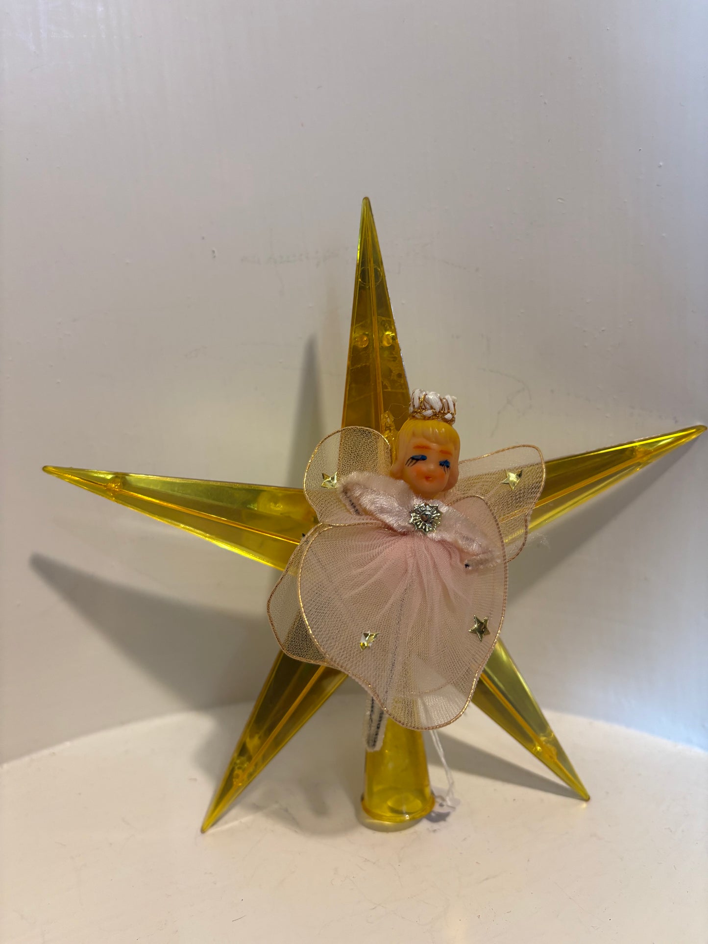 Gold Plastic Star Tree Topper with netting, pipe cleaner angel
