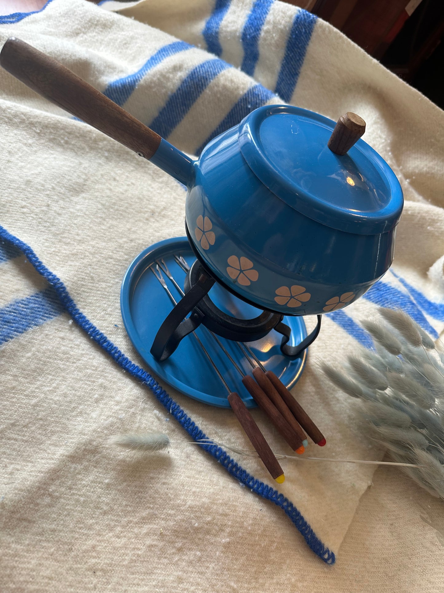 1970s blue & white fondue set