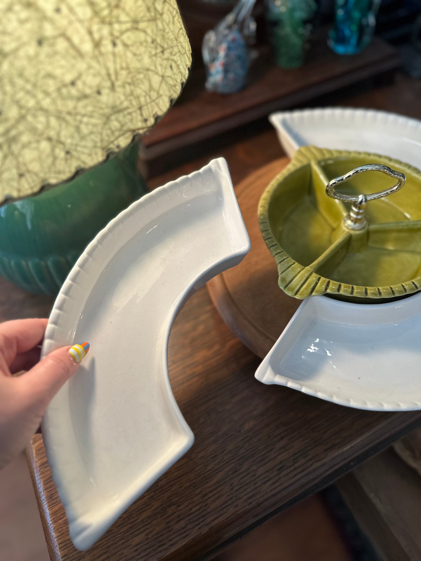 California pottery snack tray with wooden lazy Susan