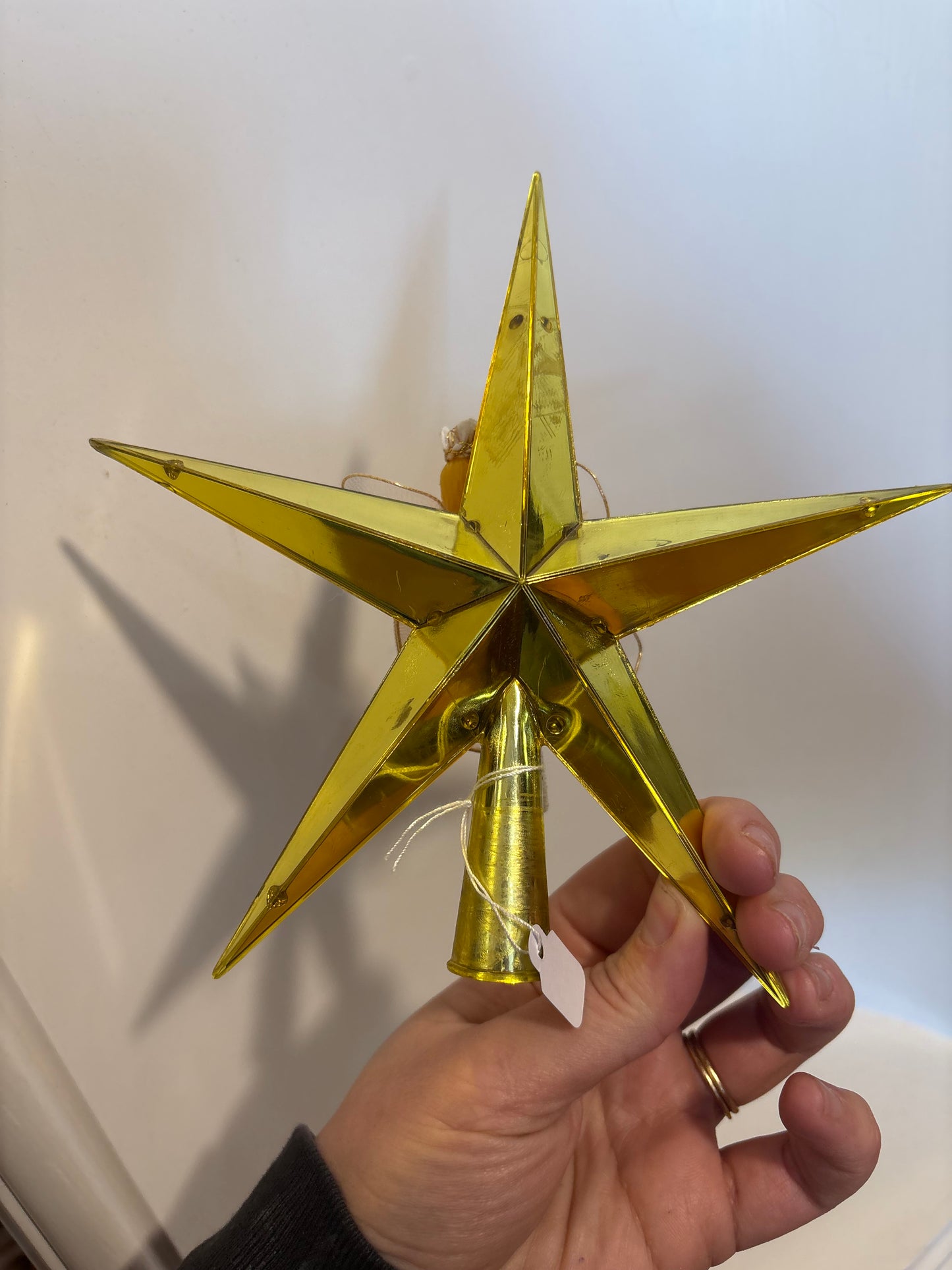 Gold Plastic Star Tree Topper with netting, pipe cleaner angel