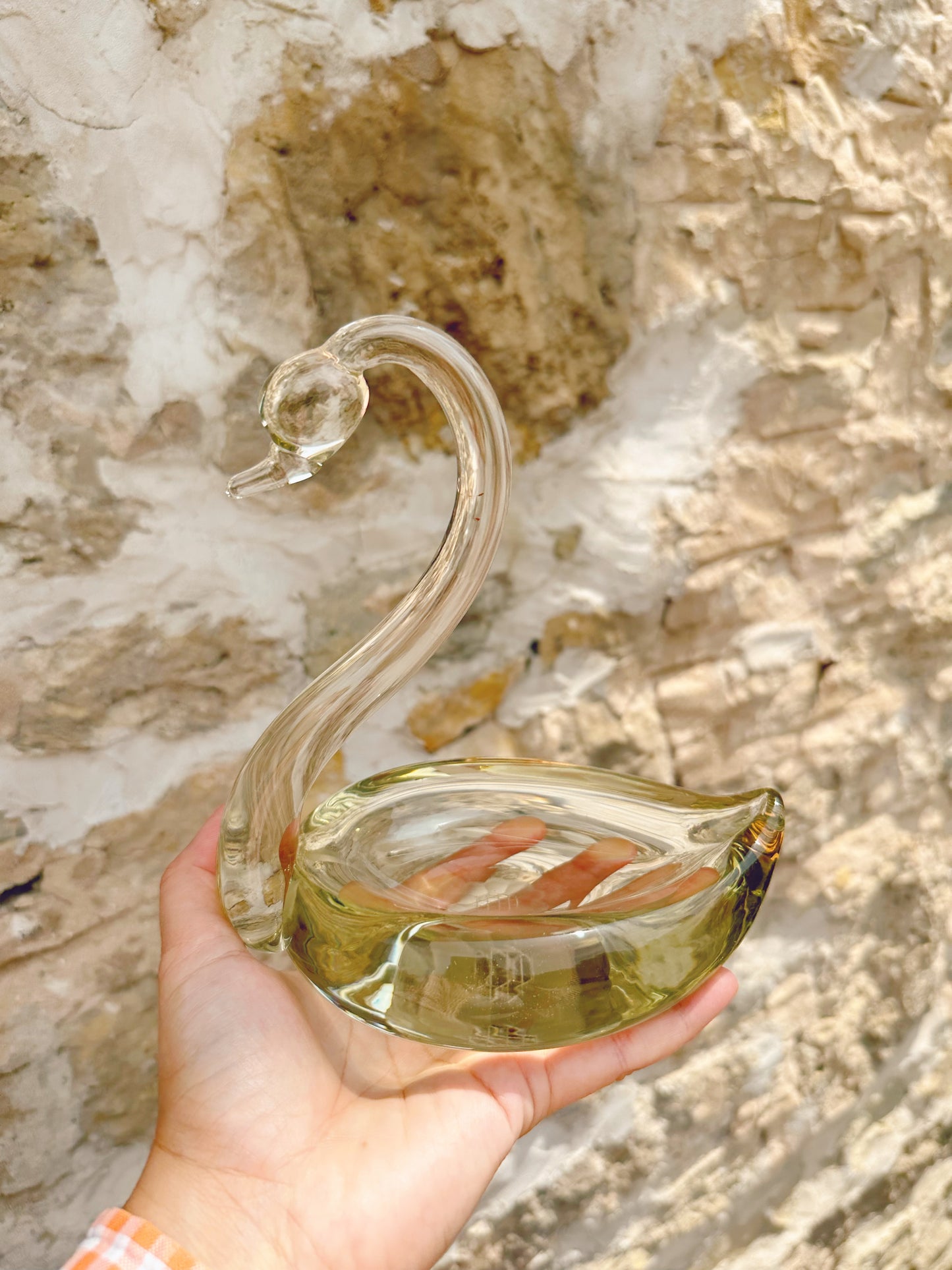 Glass swan trinket dish with cornflower etching