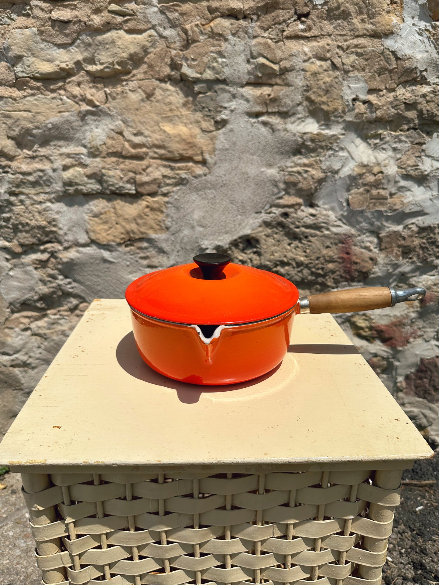 French Le Creuset Orange Enamel Small Saucepan with Spout