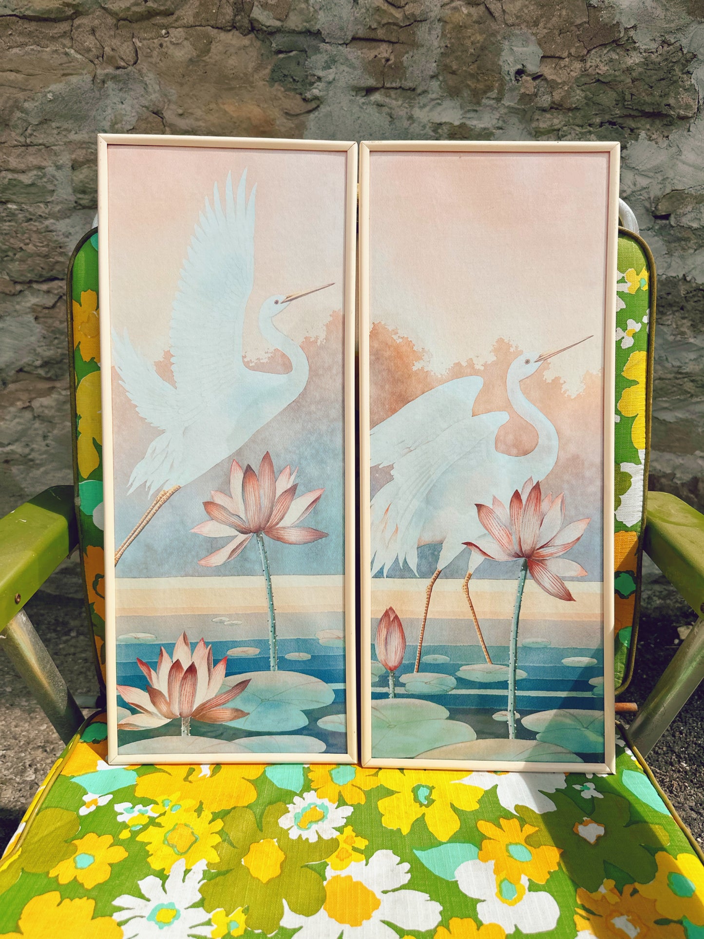 Pair of framed Oriental love cranes prints