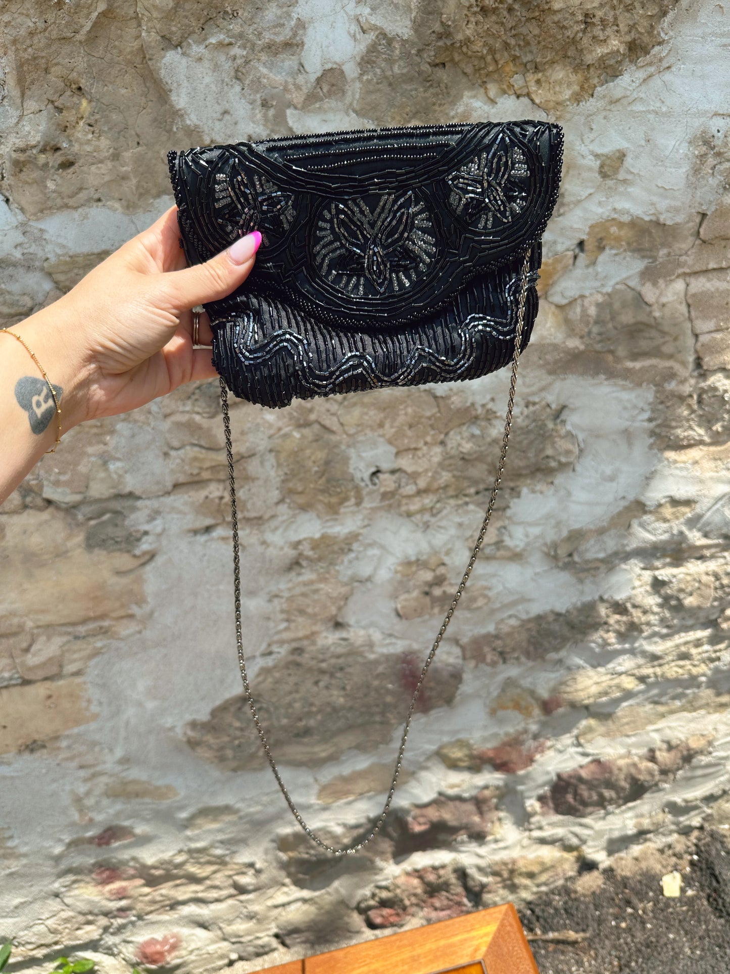 Black Beaded Purse with long strap