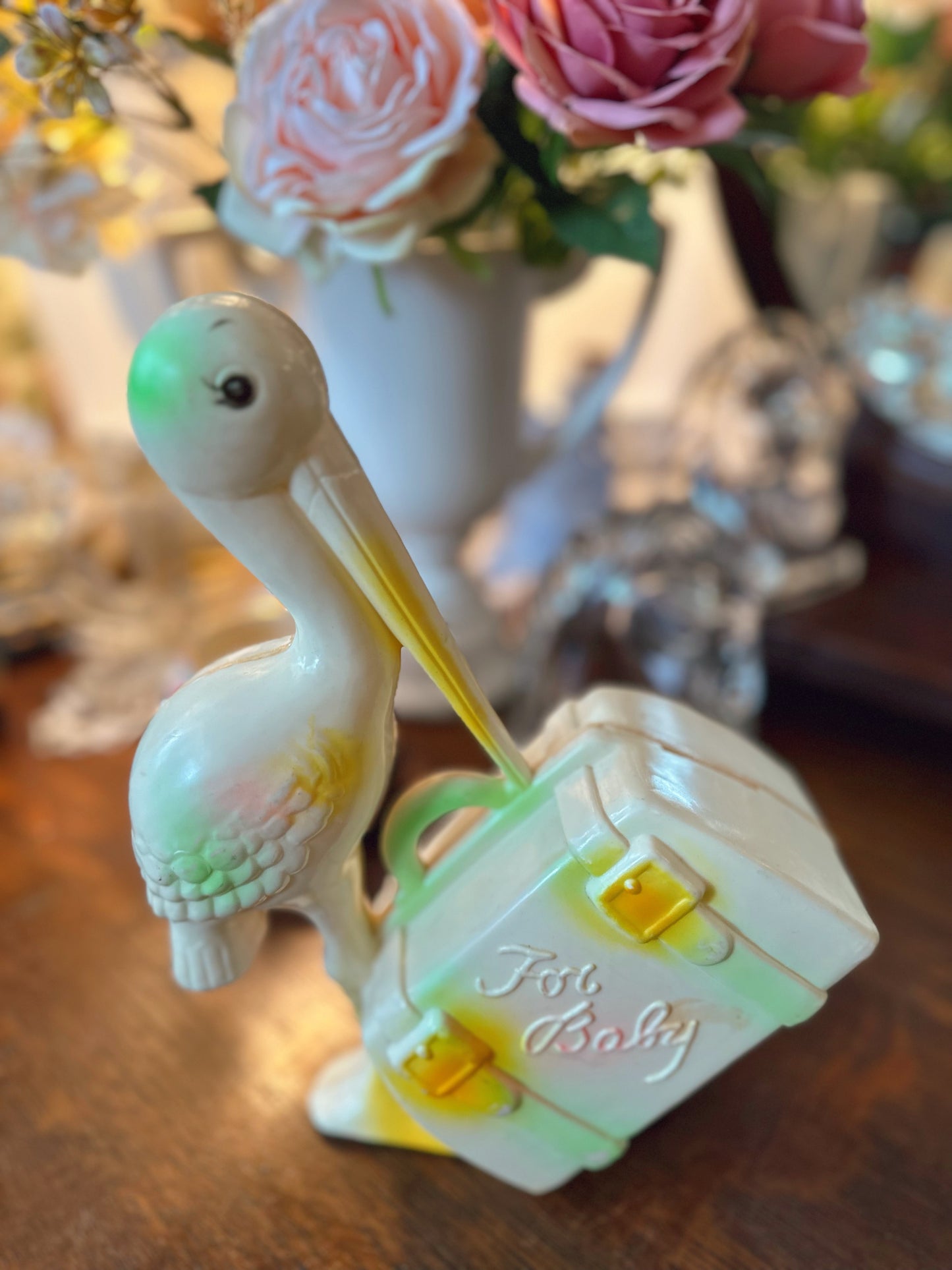 Mid century For baby stork & suitcase piggy bank