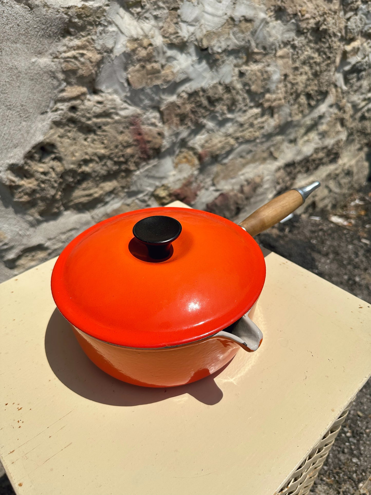 French Le Creuset Orange Enamel Small Saucepan with Spout