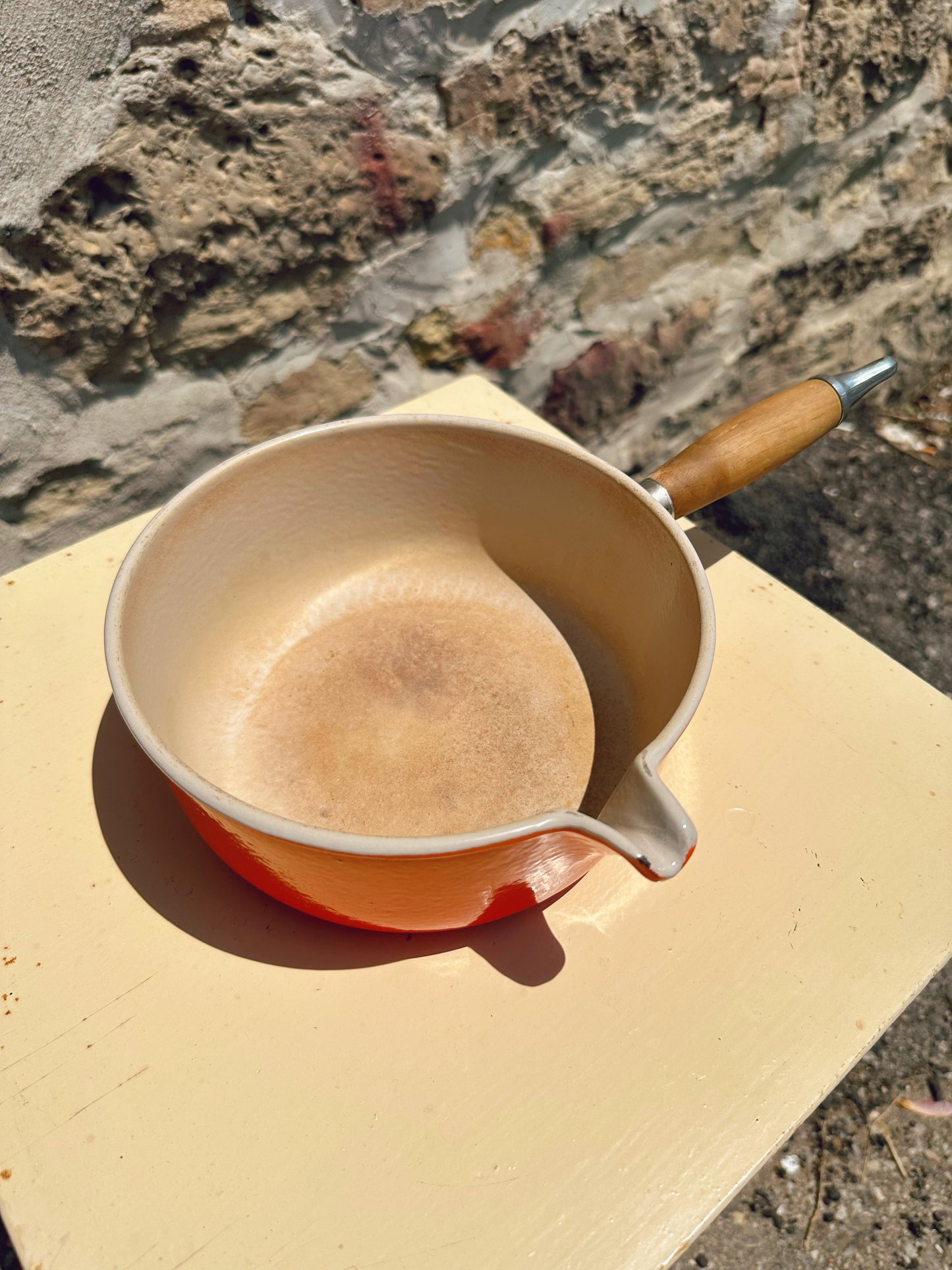 French Le Creuset Orange Enamel Small Saucepan with Spout