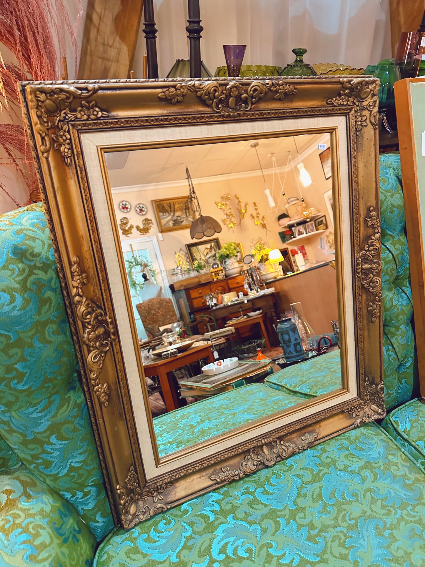 Large rectangular mirror with gold wooden frame