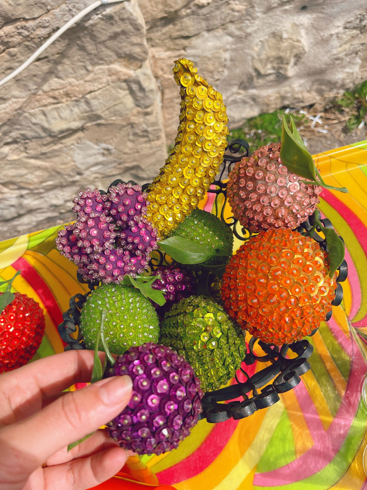 Basket of 1960s/70s bedazzled faux fruit