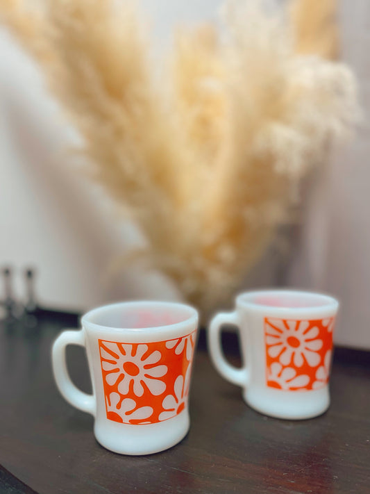 Anchor Hocking floral mugs - orange