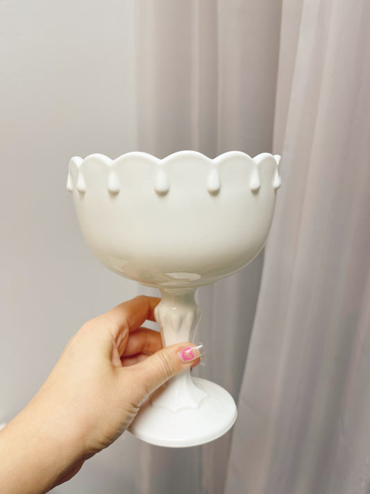 Milk glass pedestal bowl with tear drop detail