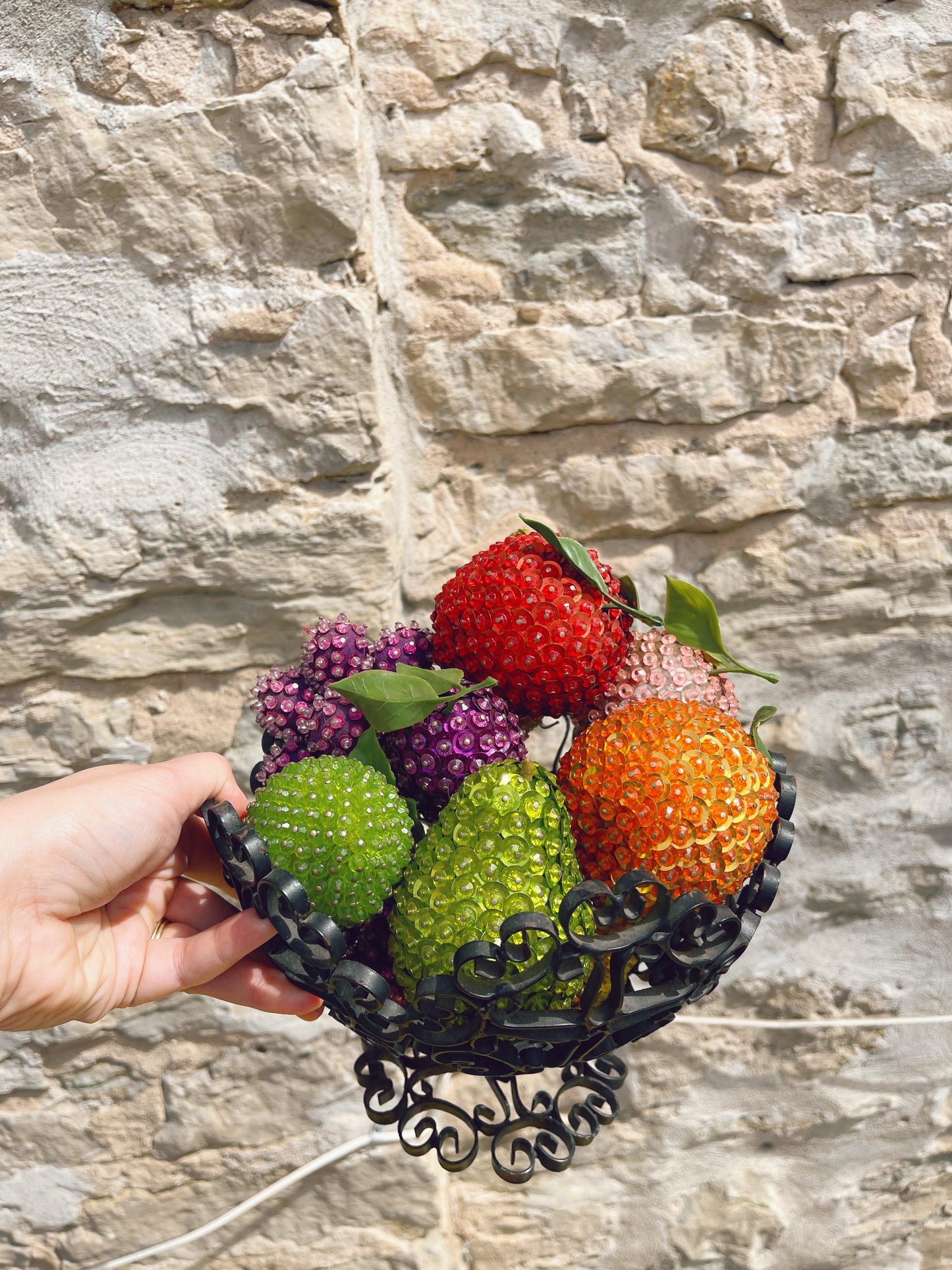 Basket of 1960s/70s bedazzled faux fruit