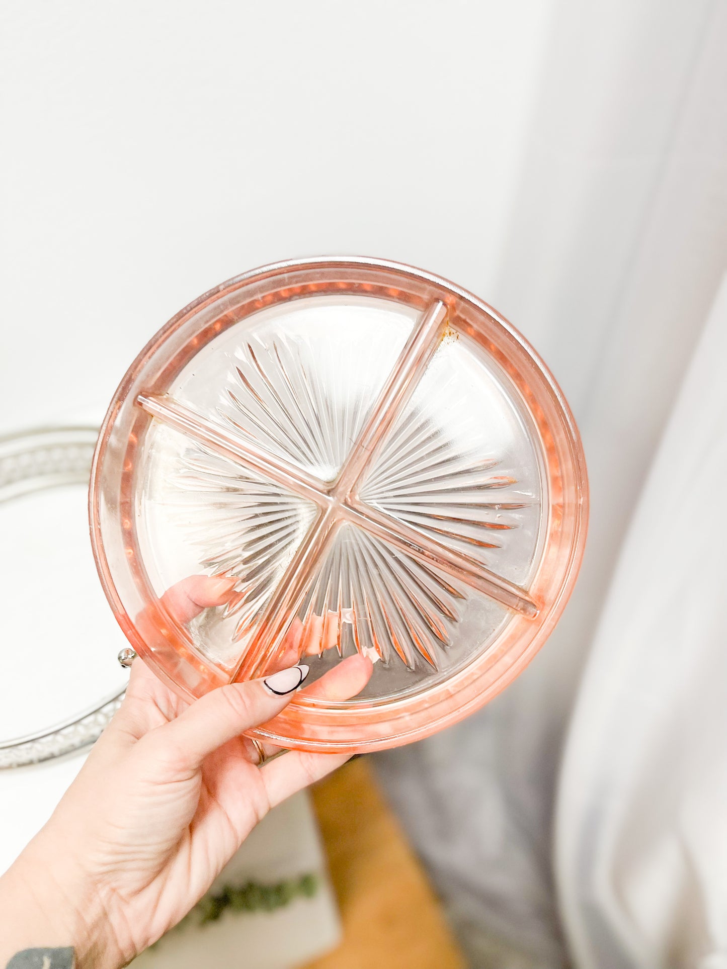 Pink glass dish with metal holder