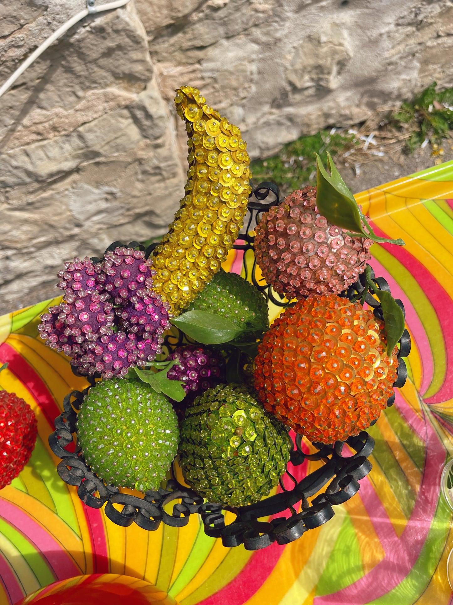 Basket of 1960s/70s bedazzled faux fruit