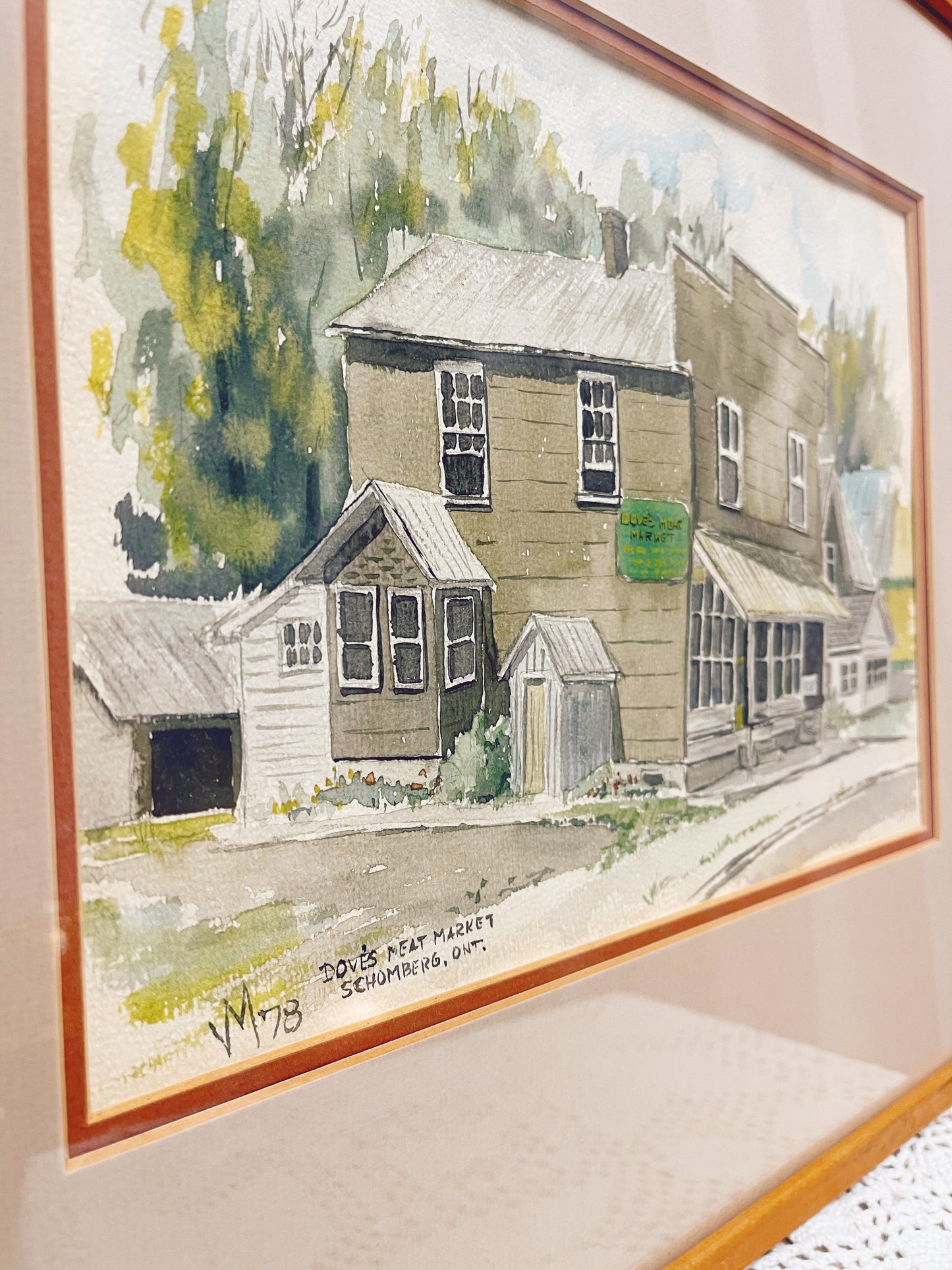 Signed Watercolour - Dove’s Meat Market Schomberg Ont - JM 1978