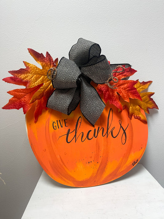 Hand Painted Give Thanks Pumpkin sign