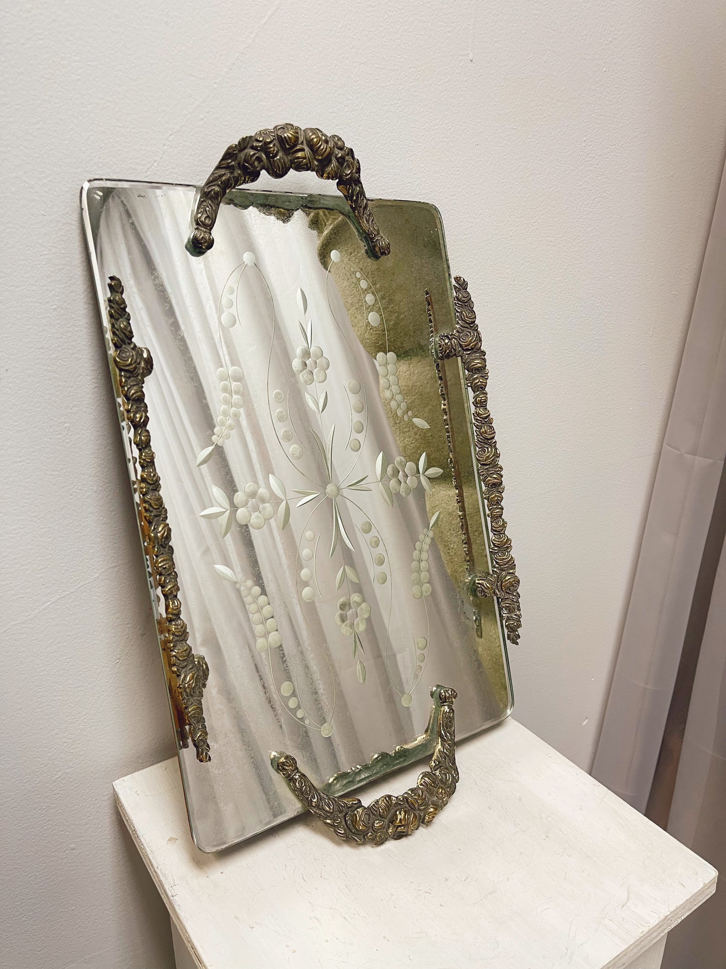 Vintage Mirror Tray with metal handles