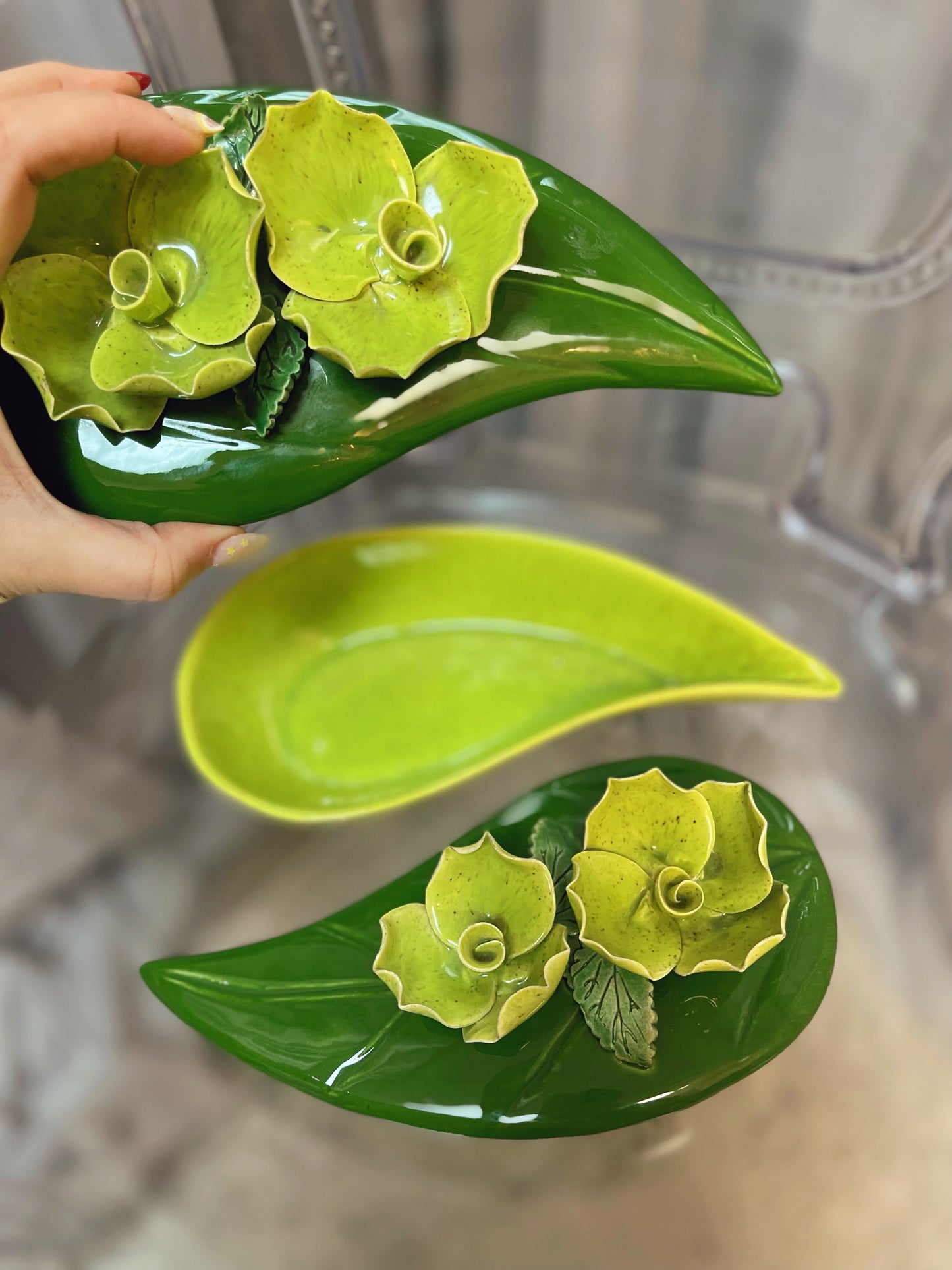 Pair of California Pottery Trinket Dishes with raised flowers