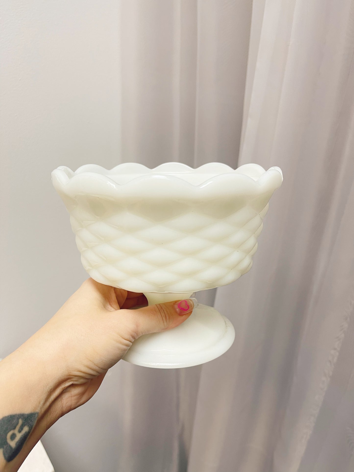 Milk glass pedestal bowl with cross cross pattern